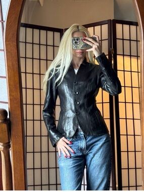 Danier Black Fitted Leather Jacket with Button Front